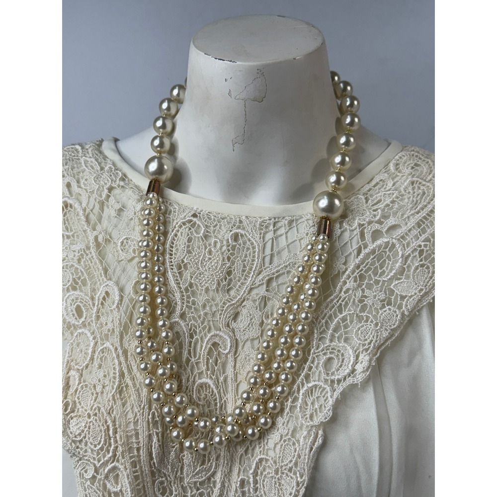 Vintage Multi Strand Faux Pearl Necklace Gold Tone Triple Layer Statement Cream
